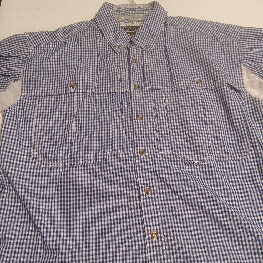 Drake Men's LS Blue/White Button Down Vented Fishing Shirt Size M